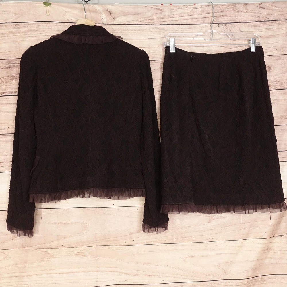 Rickie Freeman Teri Jon Skirt Suit Womens 8 Brown Lace 2 Piece Ruffle Trim - Picture 6 of 13